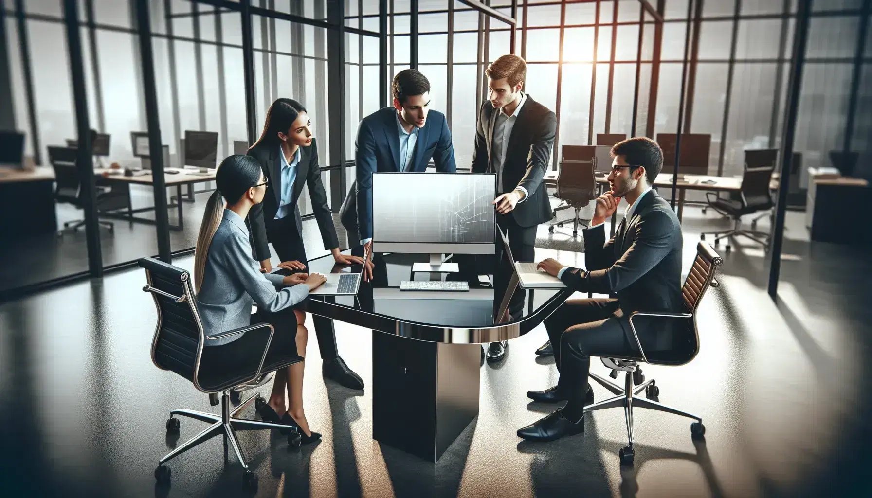 Three professionals discuss data at a glass table with a laptop in a modern, well-lit office with plants and dual-monitor workstations.