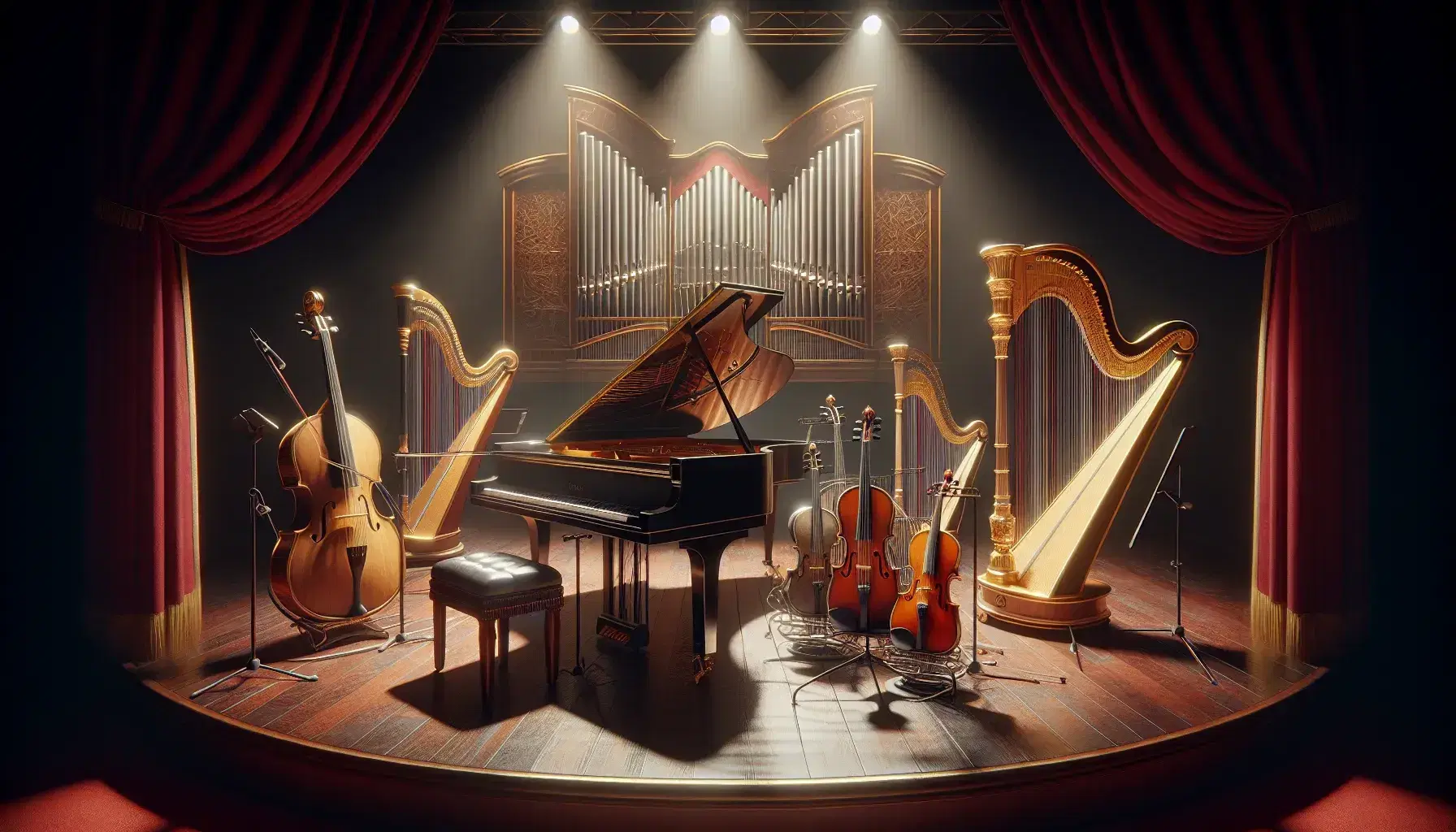 Escenario de madera con piano de cola, violín en atril, flauta transversal y arpa dorada ante cortinas rojas, iluminados por focos del techo.