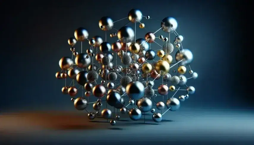 Esferas metálicas suspendidas en tonos plata, oro y bronce formando una estructura tridimensional sobre fondo degradado azul, sin soportes visibles.
