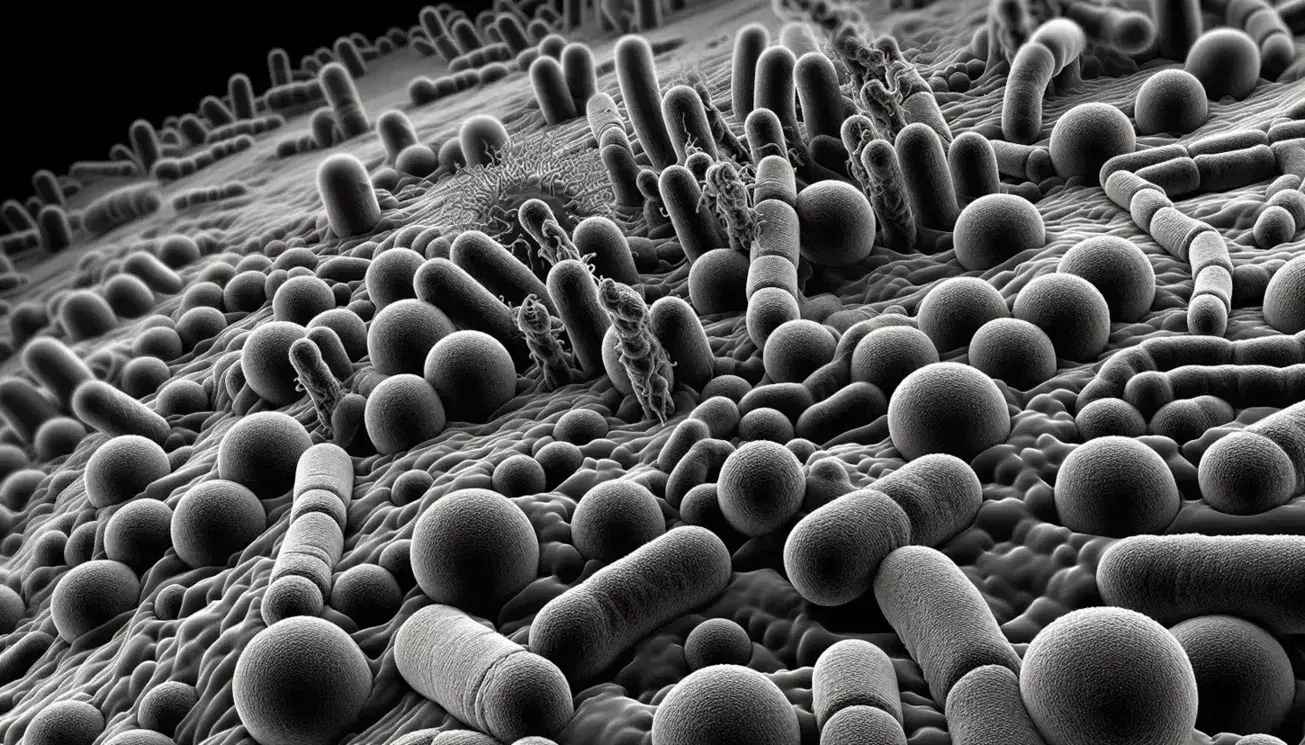 Microscopio electrónico muestra bacterias de diversas formas en superficie metálica, destacando esferas y bacilos en tonos grises.