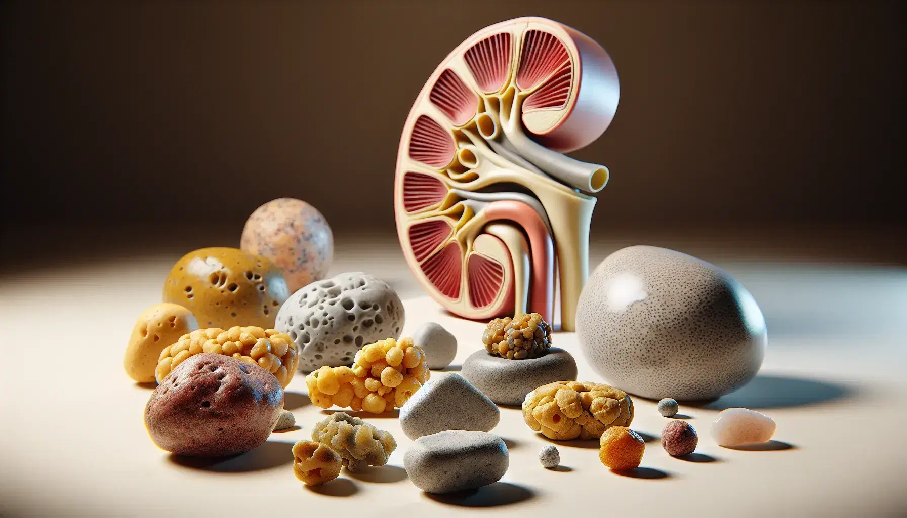Cálculos renales de diversos tamaños y colores sobre superficie blanca con modelo anatómico de riñón en fondo desenfocado, mostrando la formación de piedras.