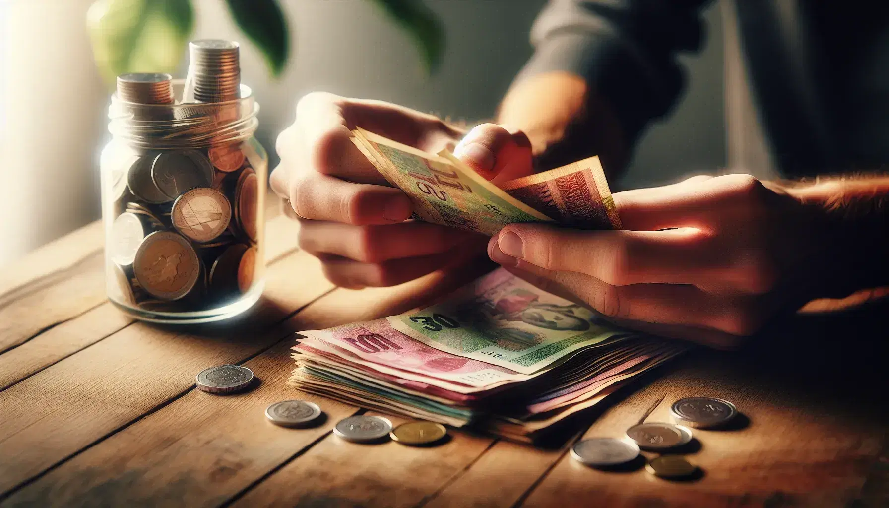 Close-up view of hands counting a stack of multicolored, unidentifiable currency bills on a wooden table beside a jar of assorted coins.