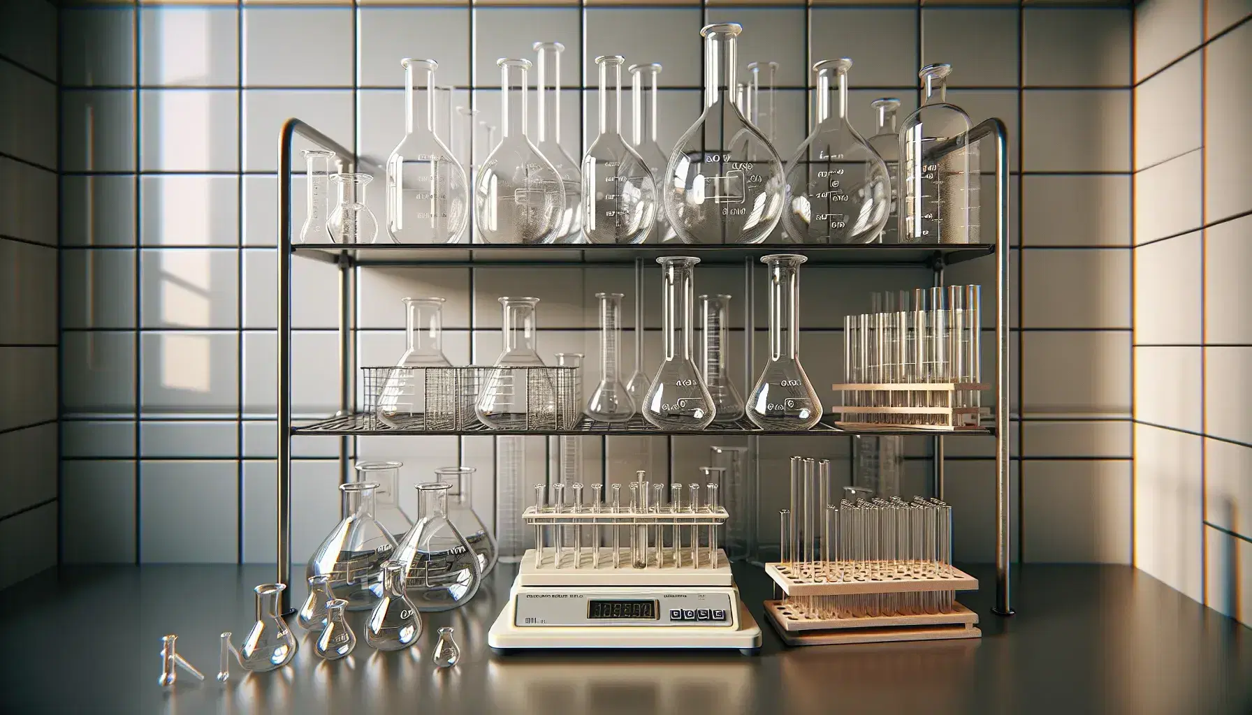 Estante metálico con objetos de vidrio de laboratorio, incluyendo matraces Erlenmeyer, tubos de ensayo, cilindros graduados y pipetas junto a una balanza analítica.