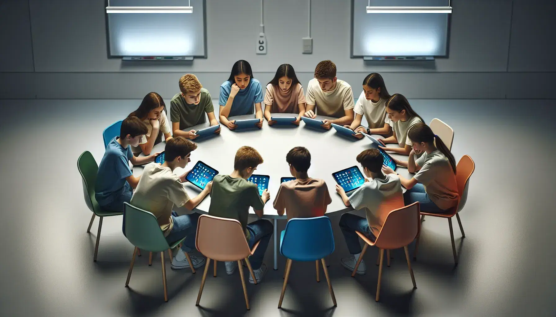 Estudiantes de diversas edades concentrados en tablets alrededor de una mesa redonda en un aula moderna, sentados en sillas de colores, con pizarra blanca y luces fluorescentes.
