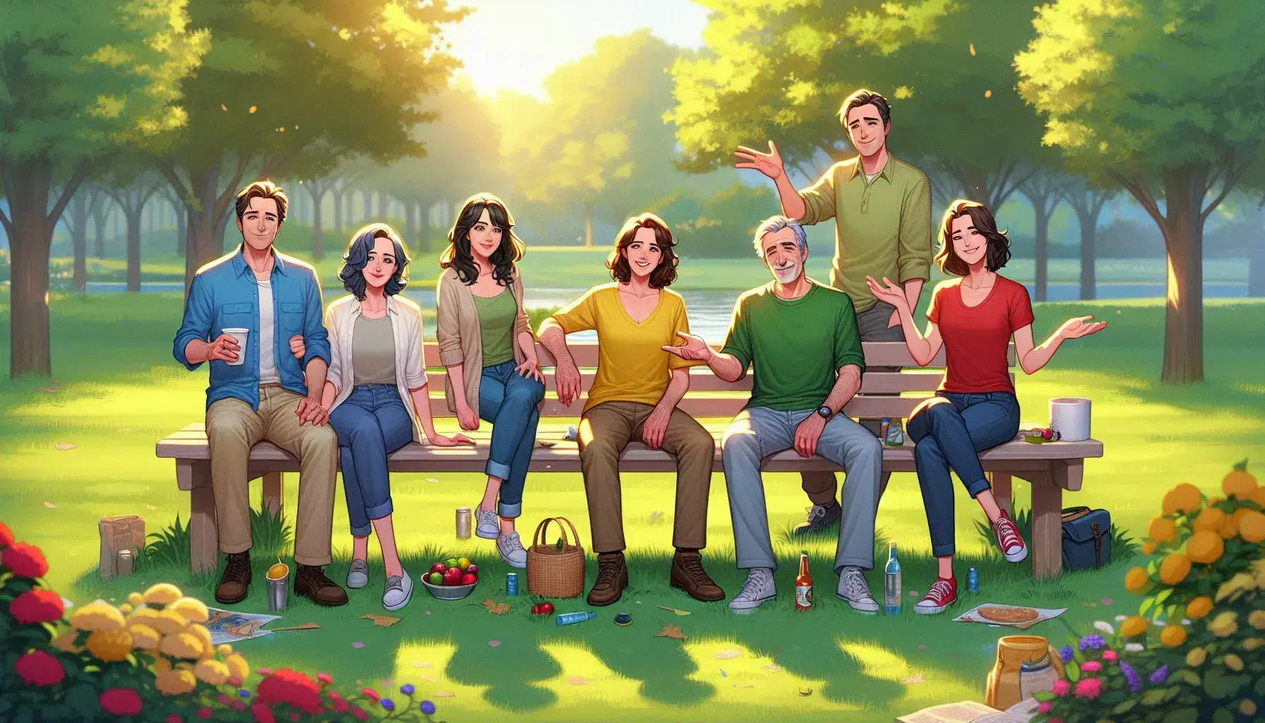 Grupo de cinco adultos en parque disfrutando de un picnic en un banco de madera, con mesa de frutas y botellas de agua, rodeados de árboles y flores en un día soleado.