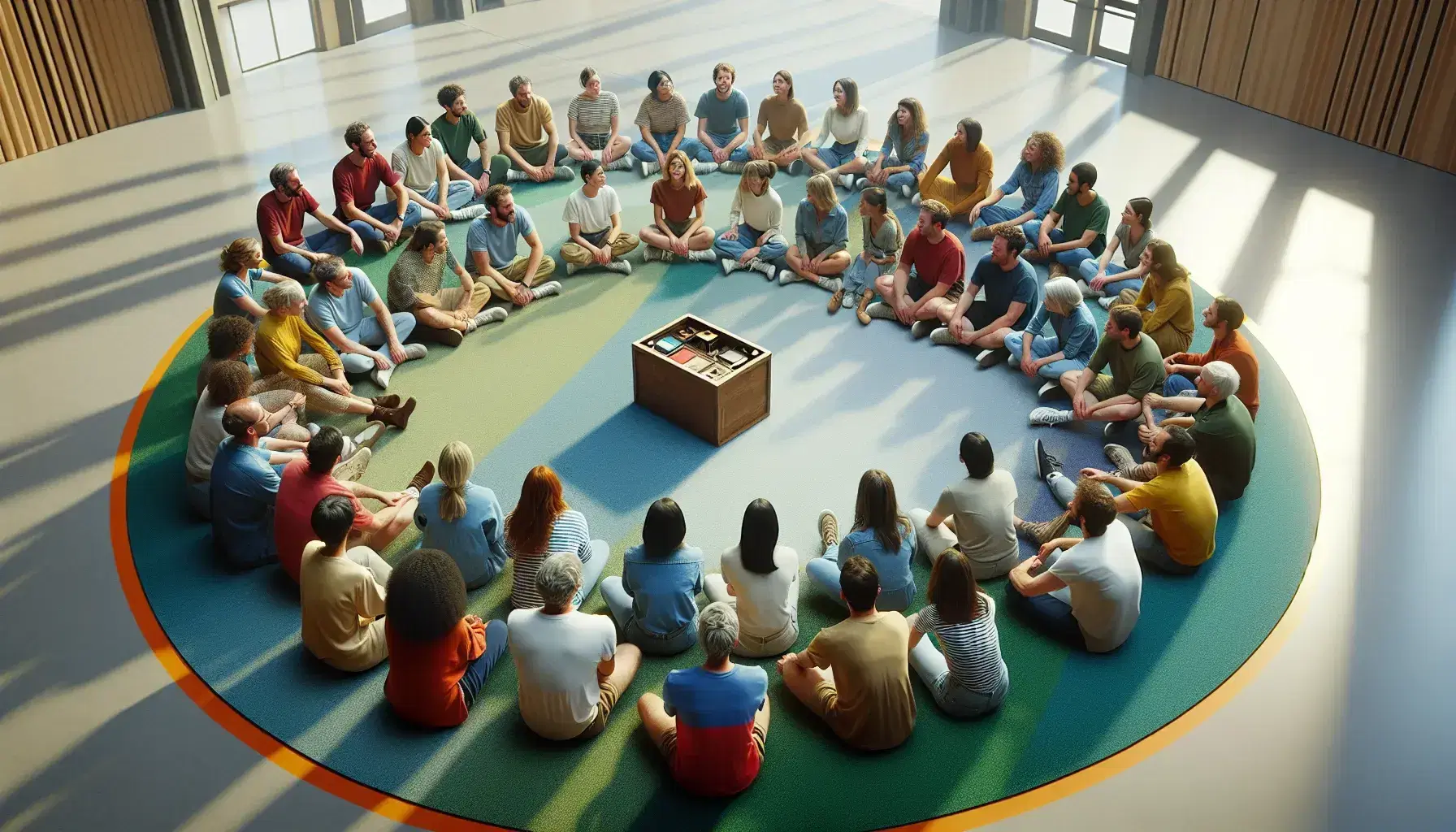 Círculo de personas diversas sentadas en suelo con alfombra verde y azul en espacio interior iluminado, con caja de madera en el centro y expresiones de sonrisa y concentración.