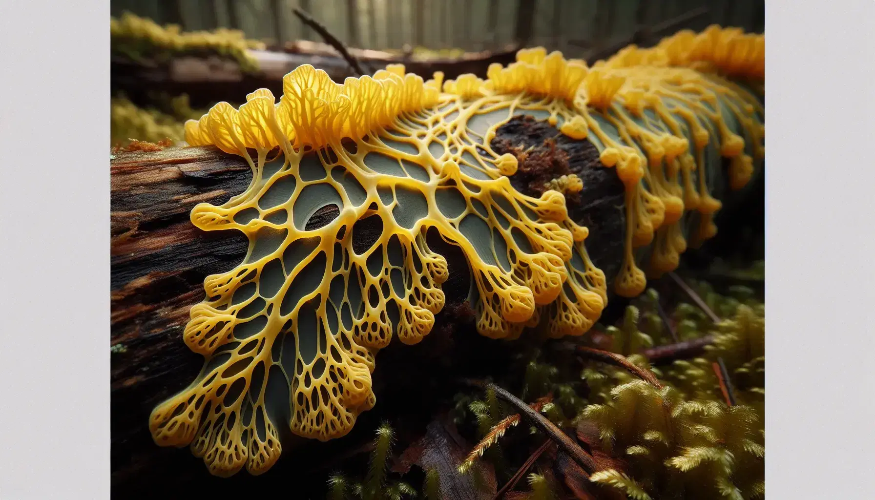 Bright yellow Physarum polycephalum slime mold on a decaying log with moss, showcasing its intricate, vein-like network in a forest setting.