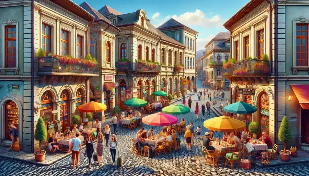 Calle empedrada en casco antiguo con gente paseando, terraza de café con sombrillas coloridas y edificios históricos con balcones floridos en día soleado.