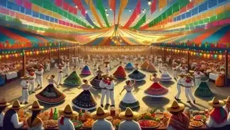 Celebración tradicional mexicana con bailarines en trajes folclóricos coloridos, espectadores, puestos de comida, globos y fuegos artificiales en el cielo.