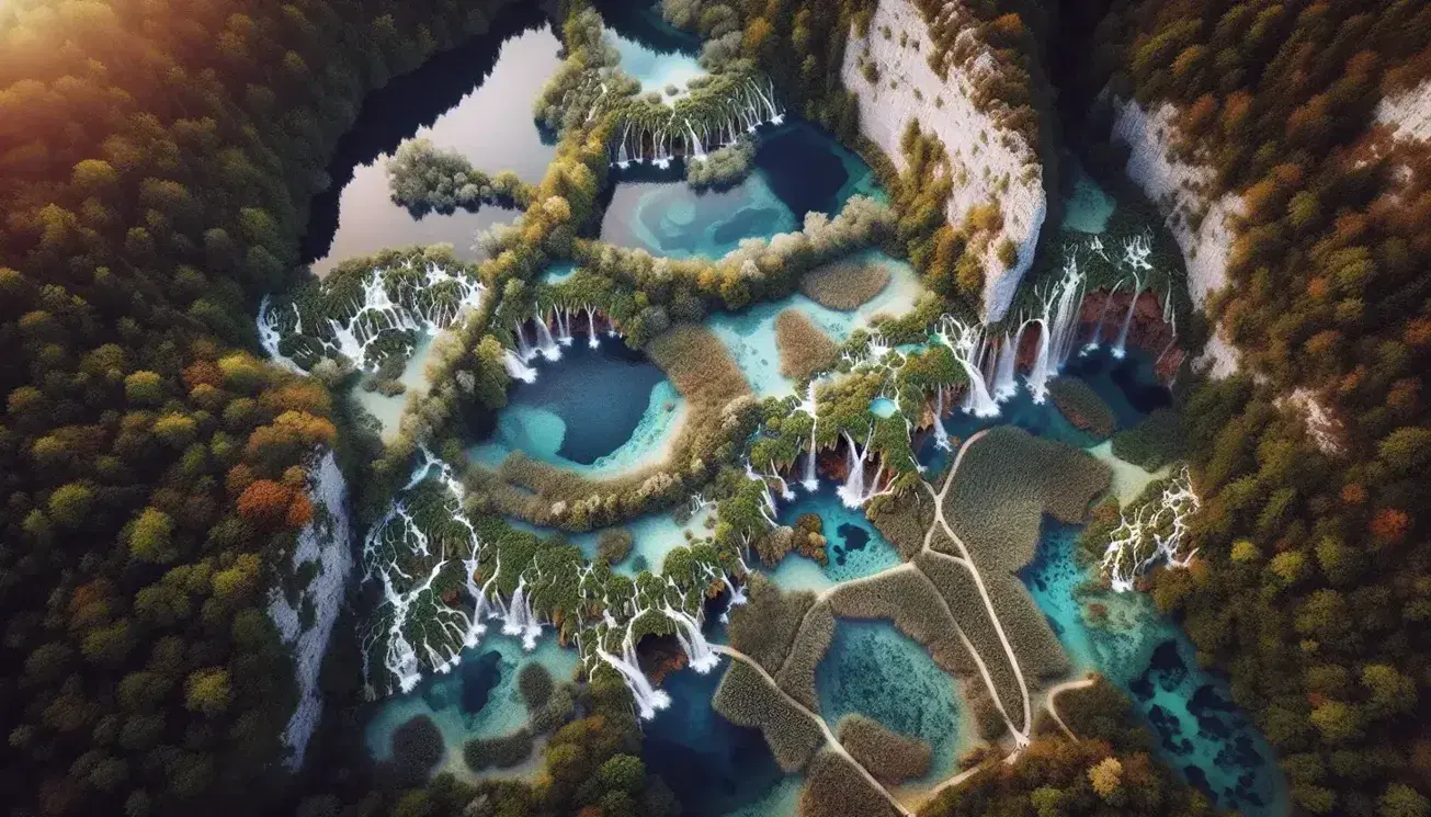 Vista aerea del Parco Nazionale dei Laghi di Plitvice con cascate terrazzate e laghi in sfumature di blu e verde circondati da lussureggiante vegetazione.