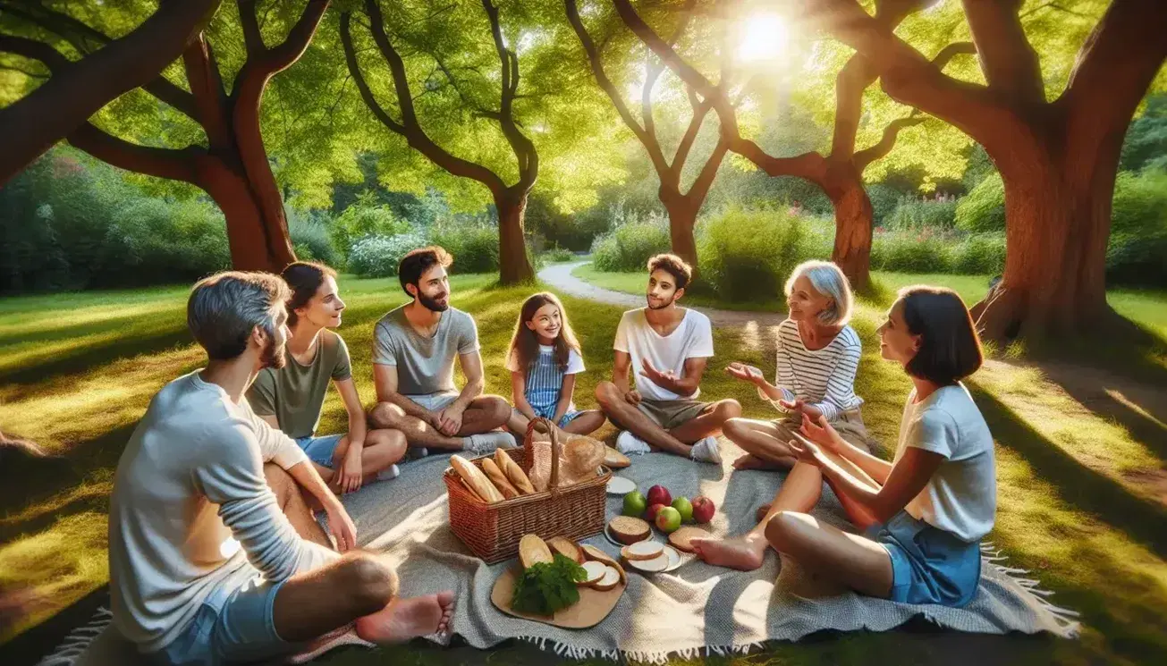 Grupo de cinco personas disfrutando de un picnic en un parque soleado, sentados en una manta con una cesta de comida, rodeados de árboles verdes.
