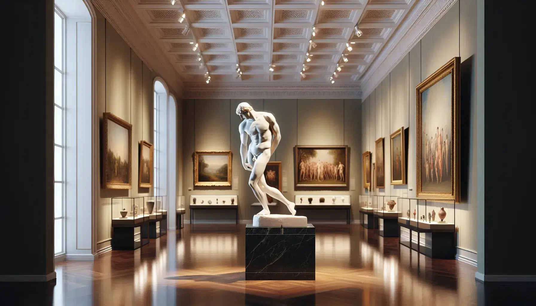 Sala de museo con escultura de mármol blanco en el centro, pinturas enmarcadas en las paredes y vitrina con antigüedades bajo iluminación suave.