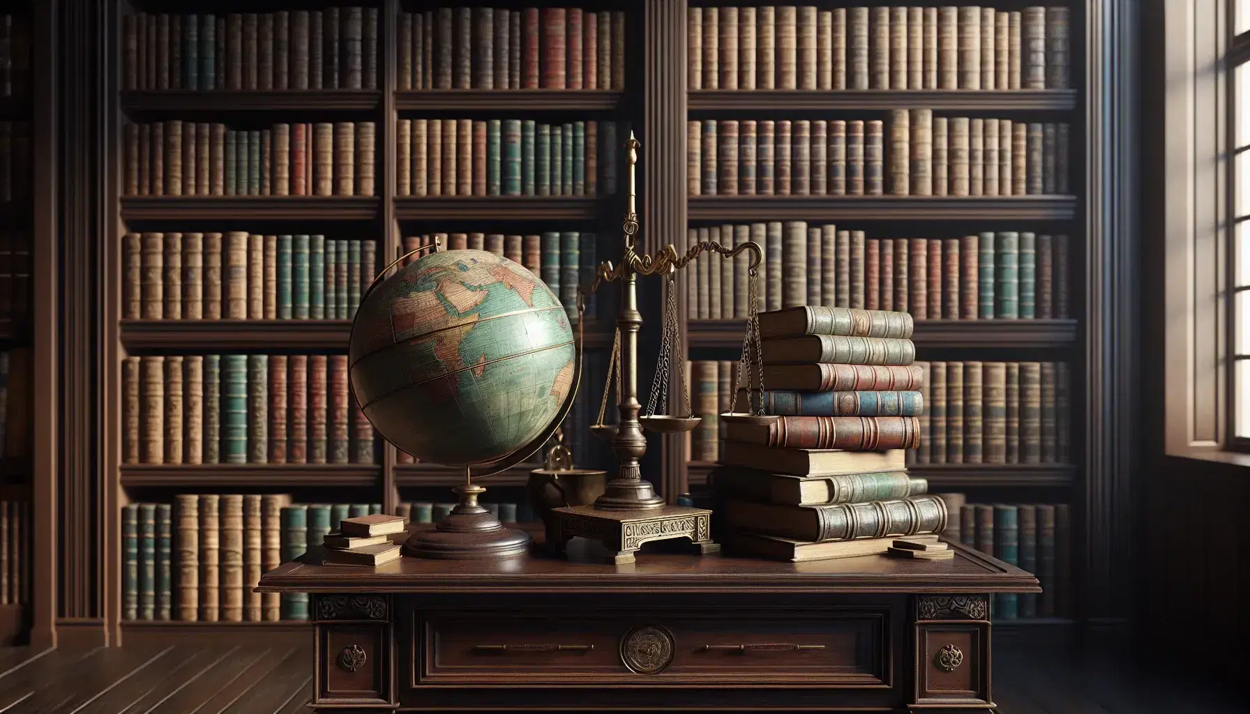 Biblioteca clásica con estanterías de madera oscura llenas de libros antiguos, mesa con globo terráqueo antiguo y balanza de bronce bajo la luz natural de una ventana.