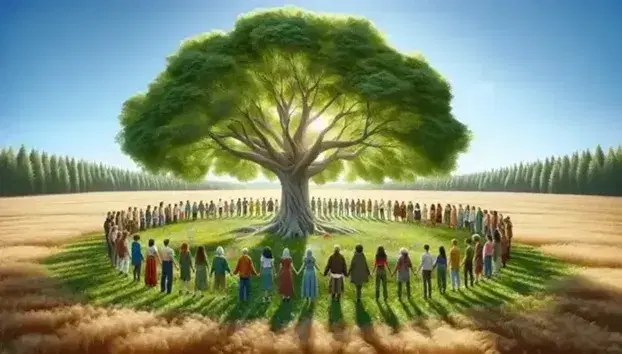 Grupo diverso de personas en círculo alrededor de un árbol frondoso en un parque, disfrutando de la naturaleza y la luz del sol en un día despejado.