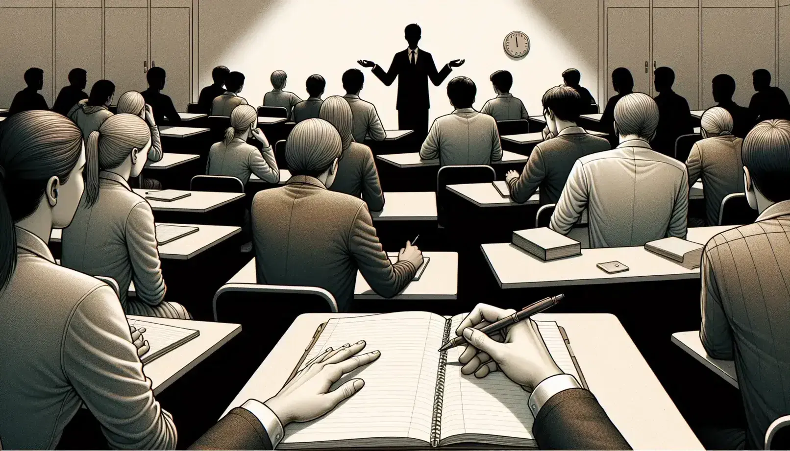 Diverse students in a classroom with raised hands engaging with a teacher, a notebook and pen on a desk in the foreground, and a clock on the wall.
