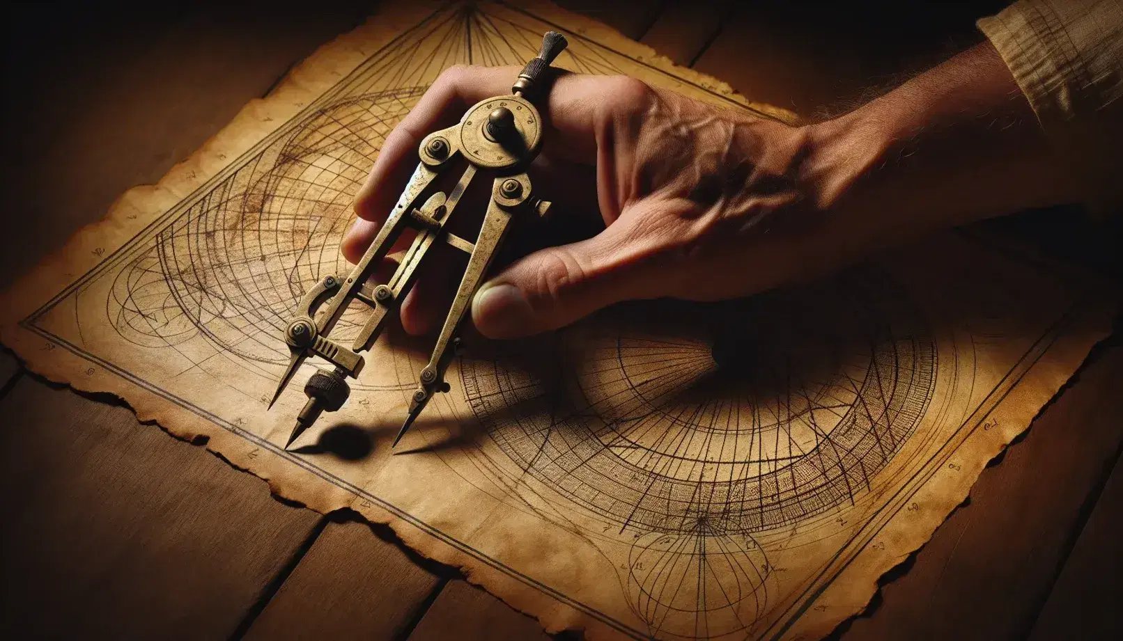 Mano sosteniendo compás antiguo sobre papel con líneas curvas, en mesa de madera, evocando diseño de mapas topográficos sin texto.