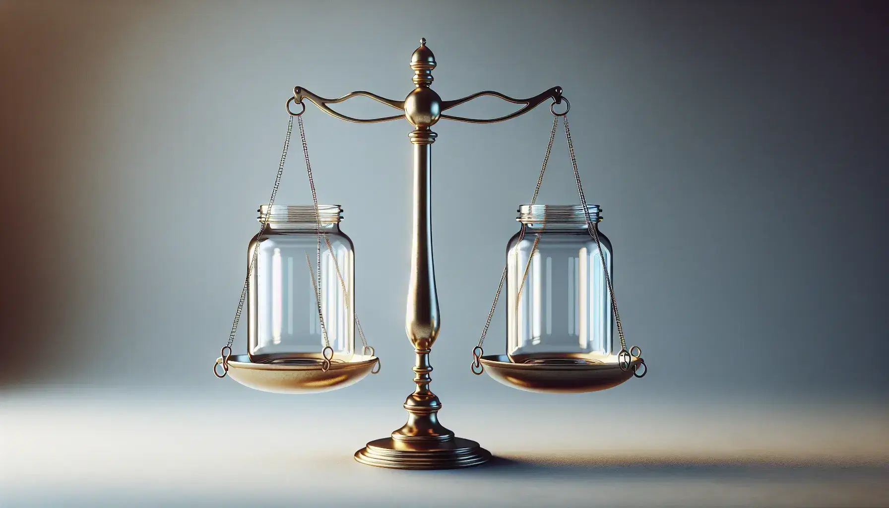 Balanced golden justice scale with two identical empty glass jars suspended on hooks against a light gray background, symbolizing equality and fairness.