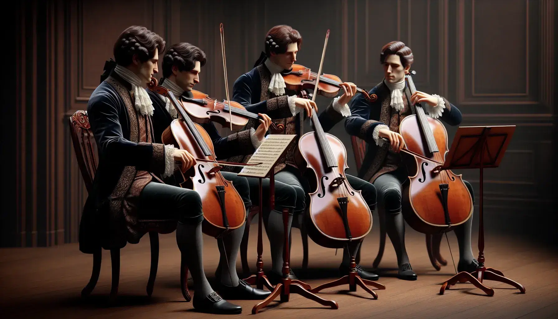 Quartetto d'archi classico in abiti del XVIII secolo suona violini, viola e violoncello in sala da concerto storica.