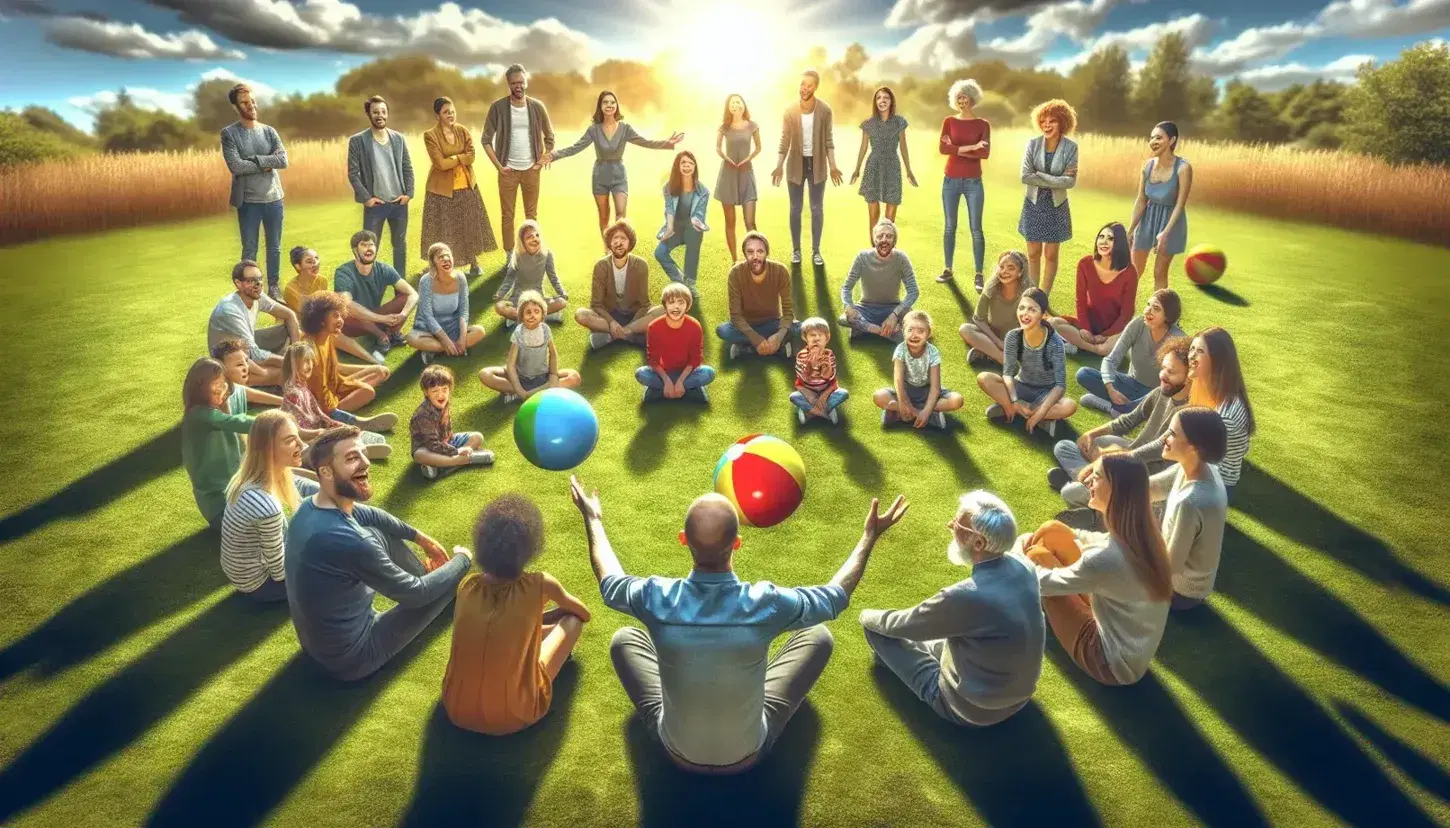 Grupo diverso de personas interactuando al aire libre en un parque, con un adulto gesticulando y niños jugando con un balón colorido.