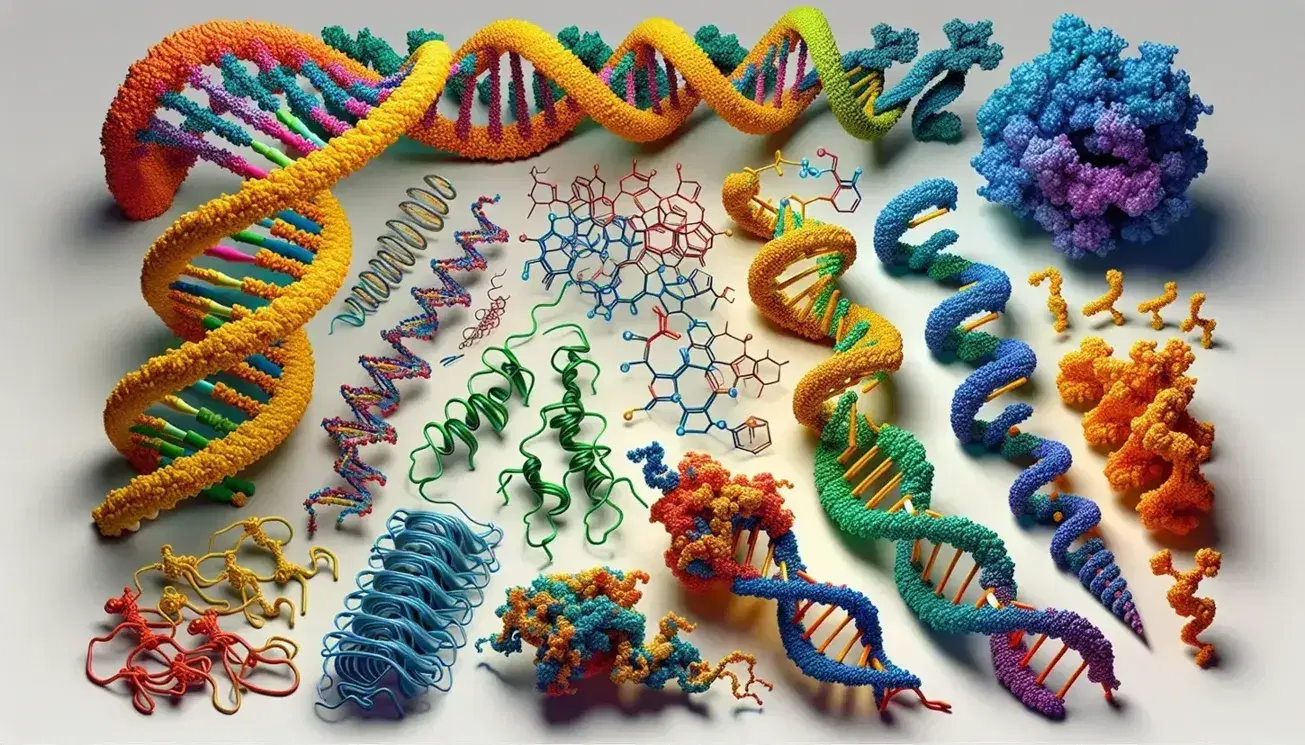 Detailed 3D models of biological macromolecules: a colorful DNA double helix, a complex folded protein, a lipid with hydrophobic tail, and a green carbohydrate.