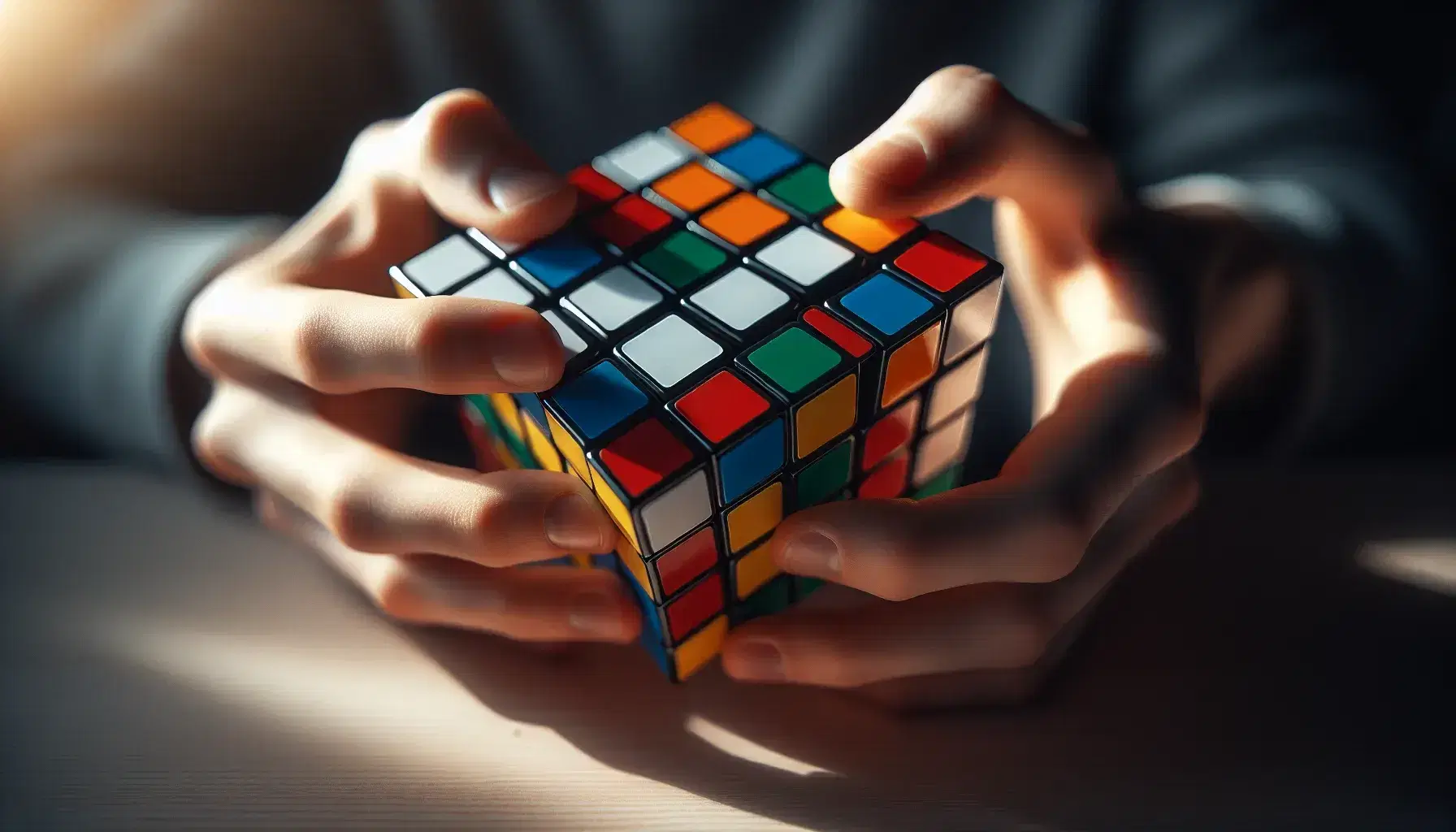 Primer plano de manos sosteniendo un cubo de Rubik parcialmente resuelto con colores vivos y reflejos brillantes sobre un fondo desenfocado.