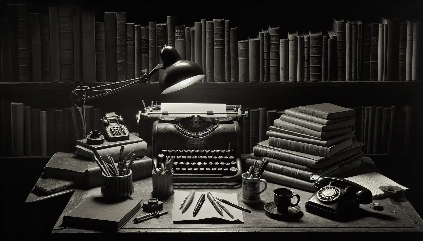 Vintage desk with typewriter, book, brass lamp, rotary phone, and mug of writing utensils, against a backdrop of a book-filled shelf.