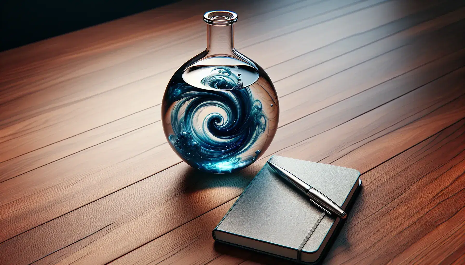 Glass flask with swirling blue liquid on a wooden table beside an open blank notebook and stainless steel pen, with soft-focus background.
