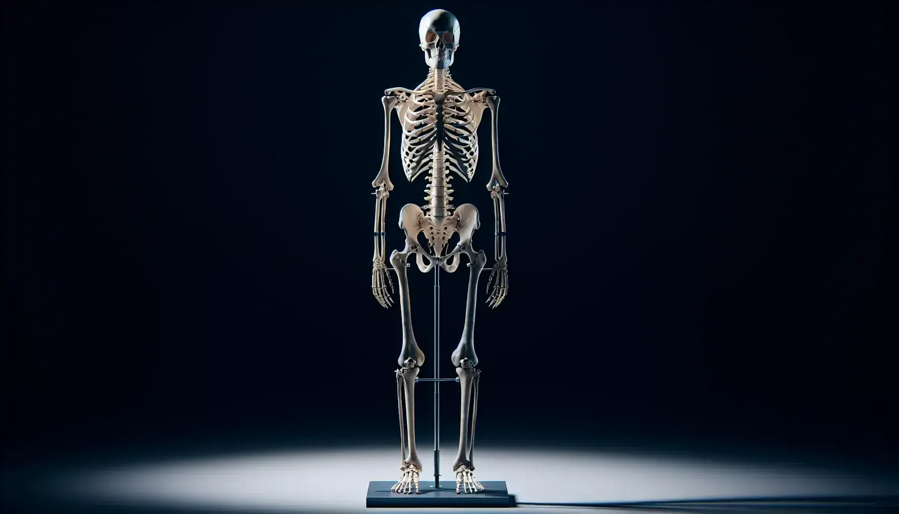 Esqueleto humano completo en posición vertical con vista frontal, mostrando cráneo, columna vertebral, costillas, extremidades y articulaciones sobre soporte metálico.