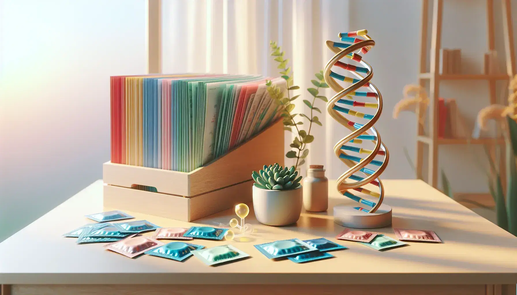 Maqueta de ADN con bases nitrogenadas de colores en mesa de madera, junto a folletos pastel, planta con flores y caja de preservativos variados.