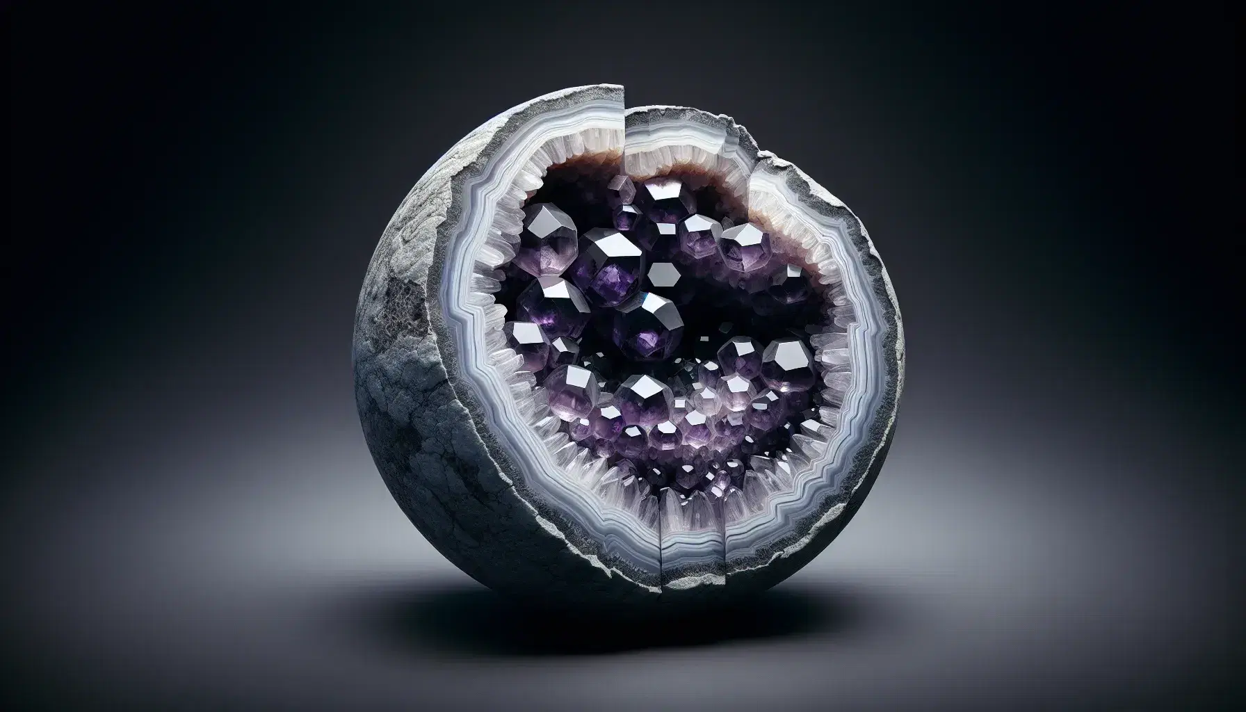 Sezione trasversale di una geode di ametista con cristalli viola scintillanti al centro e strati di quarzo grigio verso l'esterno.