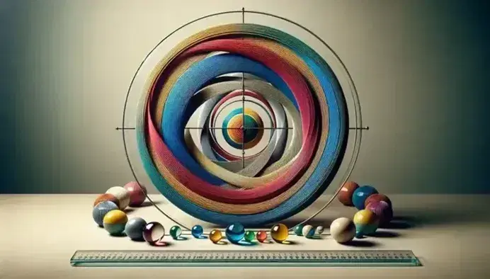 Cerchi concentrici colorati creati con corde intrecciate su sfondo neutro, con sfere riflettenti e righello trasparente.