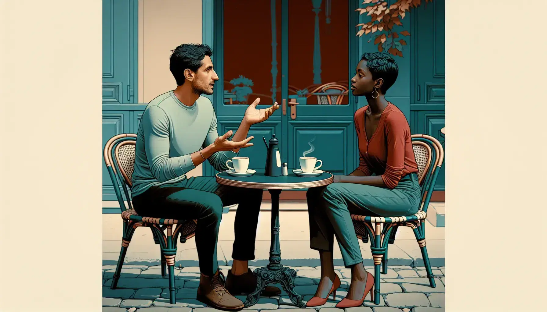 Two people in conversation at an outdoor Parisian café, with a man in a blue shirt and a Black woman in red, beside coffee cups on a wooden table.