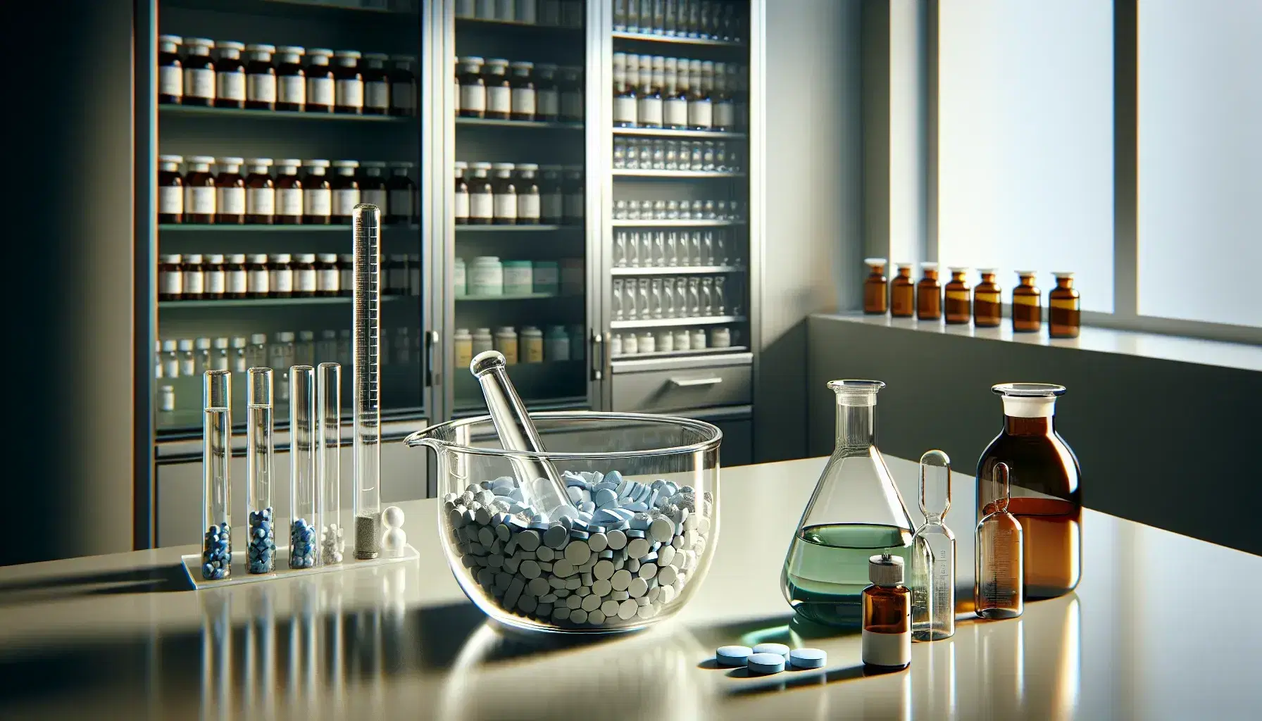 Pharmaceutical space with mortar and pestle, blue and white tablets, beaker with liquids and row of amber bottles on white counter.