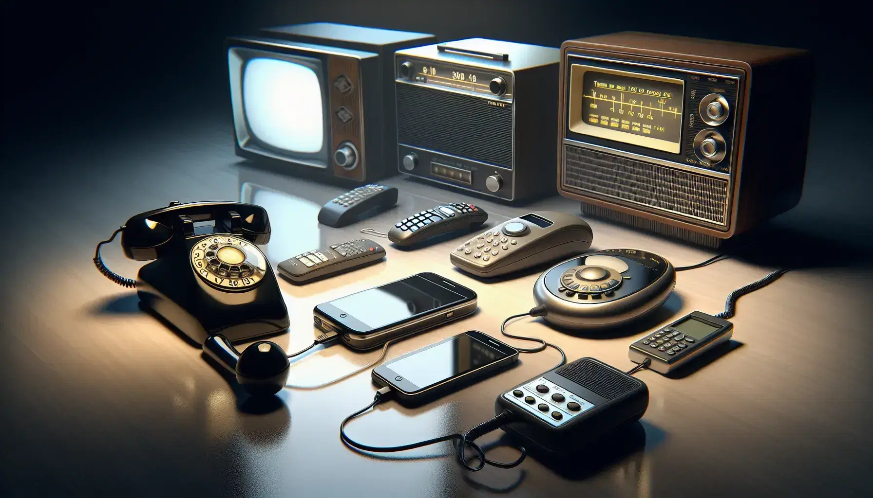 Colección de dispositivos de comunicación antiguos a modernos, incluyendo teléfono de disco, móvil táctil, radio transistor y TV de tubo, sobre superficie de madera.