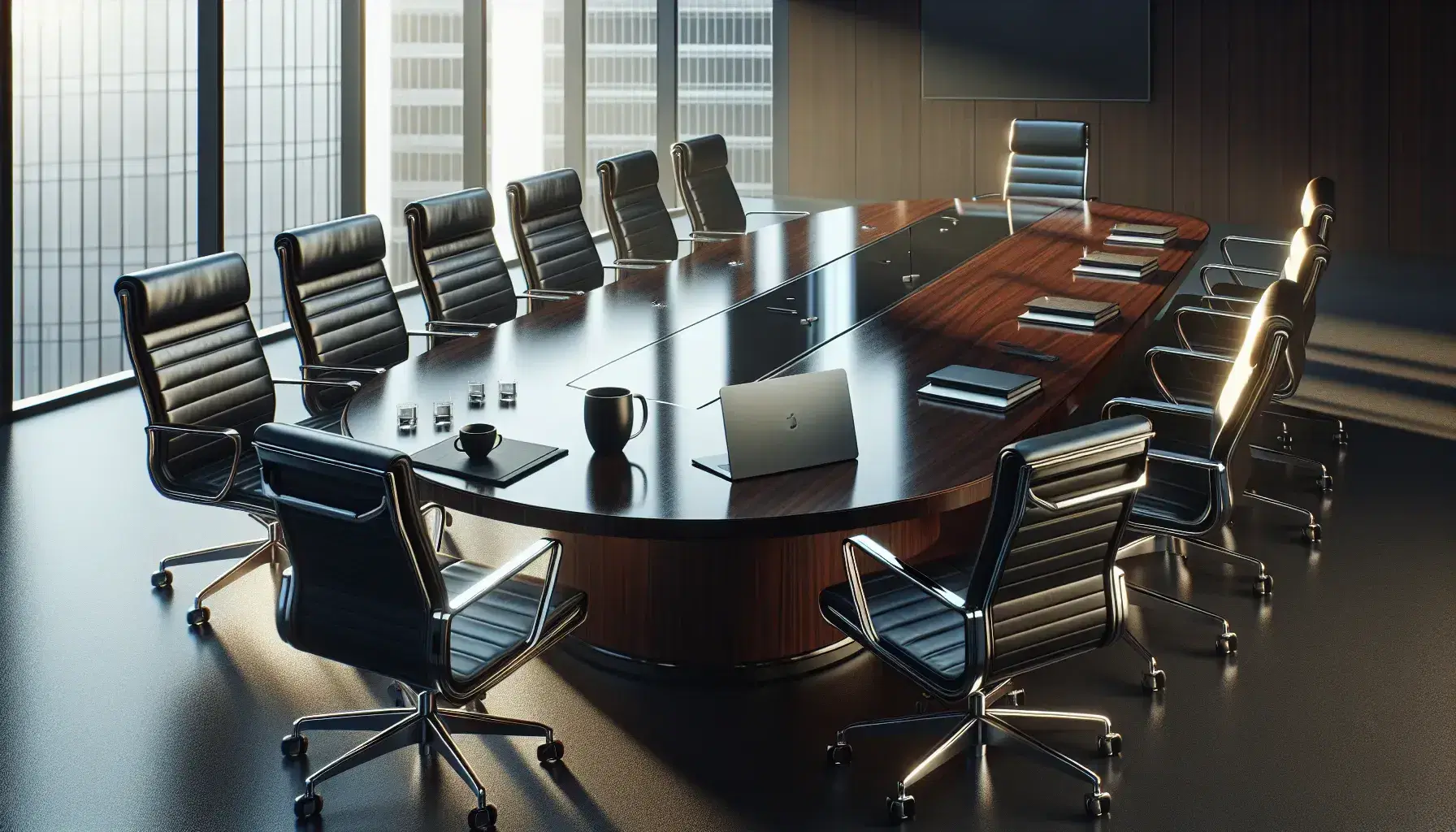 Modern boardroom with oval mahogany table, black leather chairs, laptop, and cityscape view through floor-to-ceiling window at dusk.