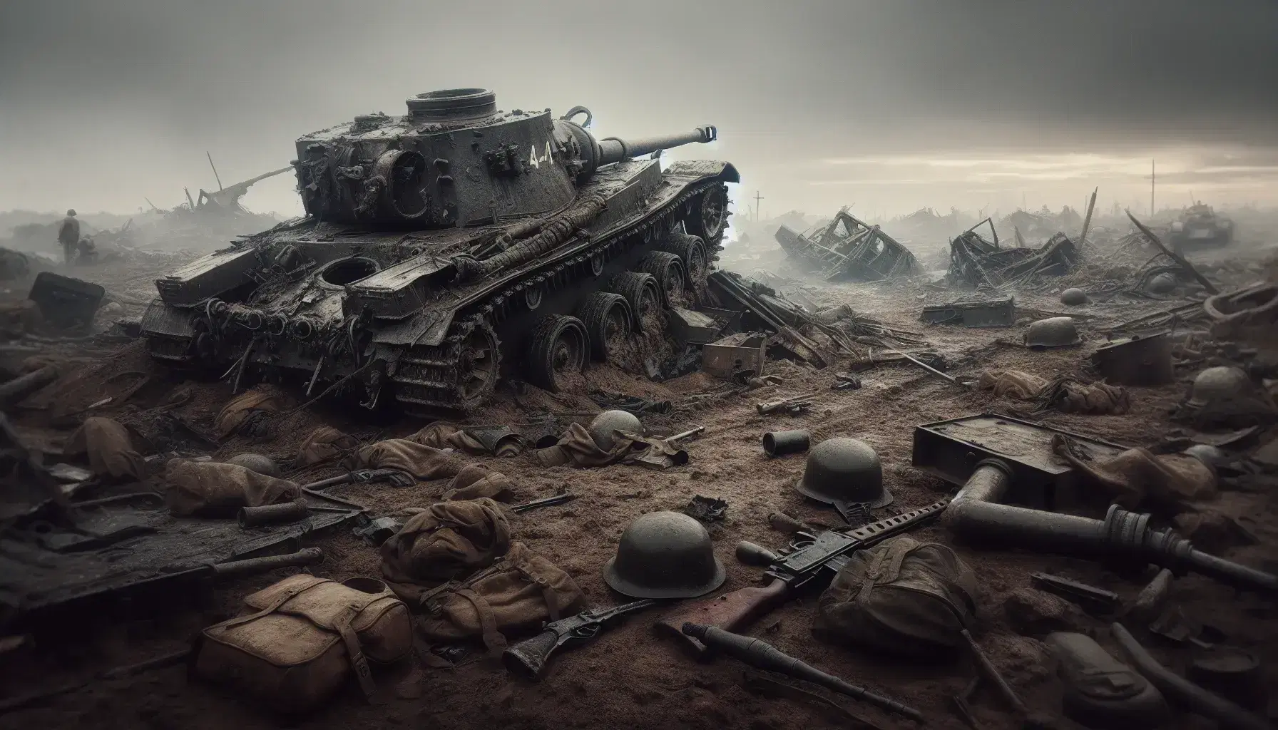 Campo di battaglia della Seconda Guerra Mondiale con carro armato distrutto, equipaggiamento militare sparpagliato e vegetazione bruciata sotto cielo nuvoloso.