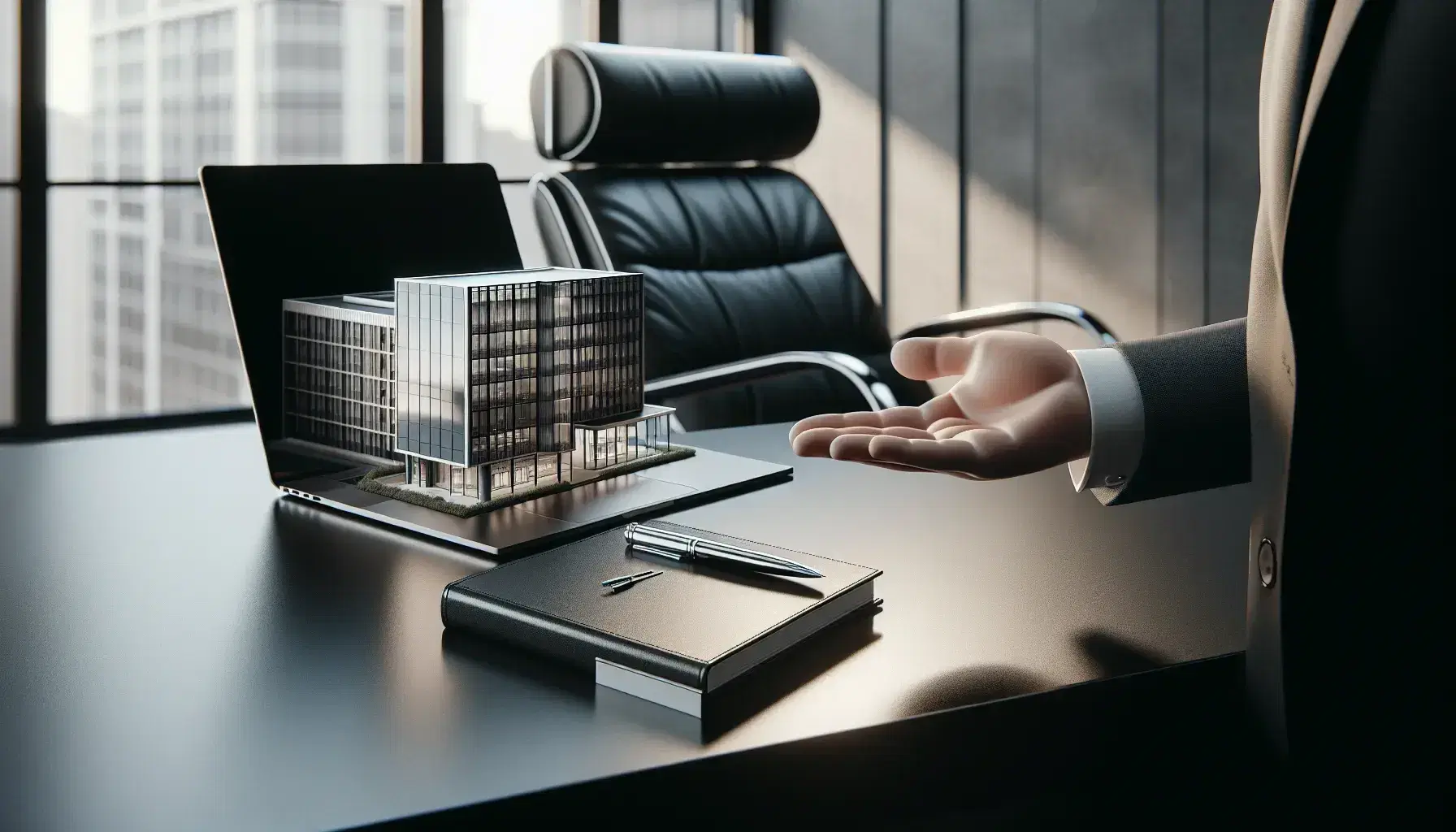 Modern office setting with a sleek desk, high-end laptop, leather notebook, and hands exchanging a scale model building, with a cityscape visible through a large window.