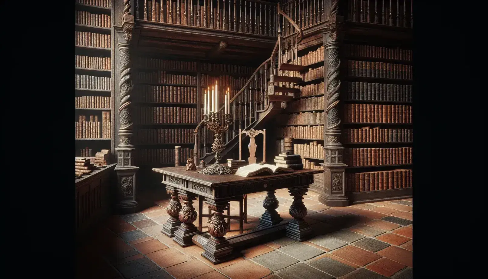 Biblioteca antigua con estanterías llenas de libros, mesa de madera con candelabro de bronce y silla tallada, luz suave de ventana y escalera de caracol.