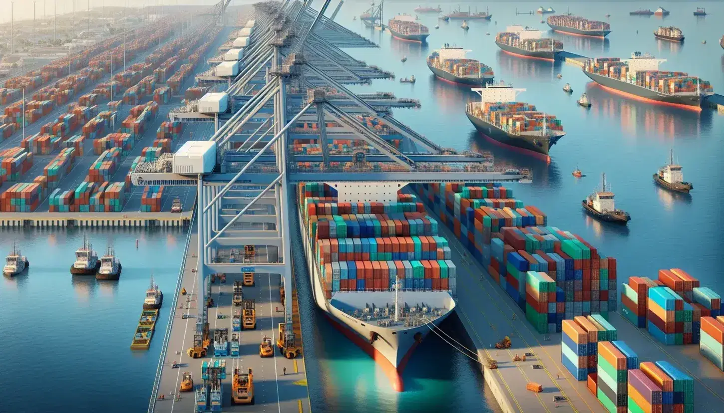 Busy commercial harbor with a container ship being loaded by a gantry crane, multicolored containers stacked, trucks lined up, and a cityscape background.