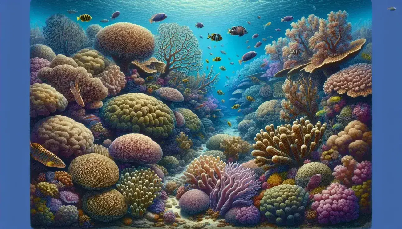 Vibrant underwater scene of a coral reef with branching corals, colorful fish and a sea turtle among turquoise and cobalt waters.