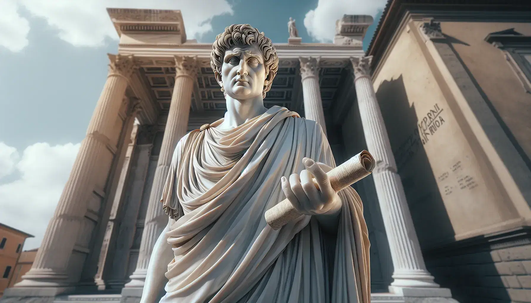 Statua in marmo bianco di oratore e scrittore romano antico in toga, con mano destra alzata e rotolo di papiro nella sinistra, su sfondo di colonne corinzie.