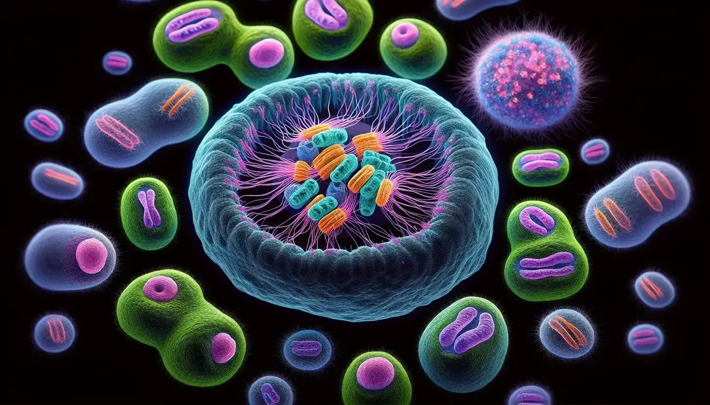 Microscopia elettronica colorata che mostra cellule in meiosi con cromosomi in crossing-over rosa e viola e stadi vari da blu a verde.