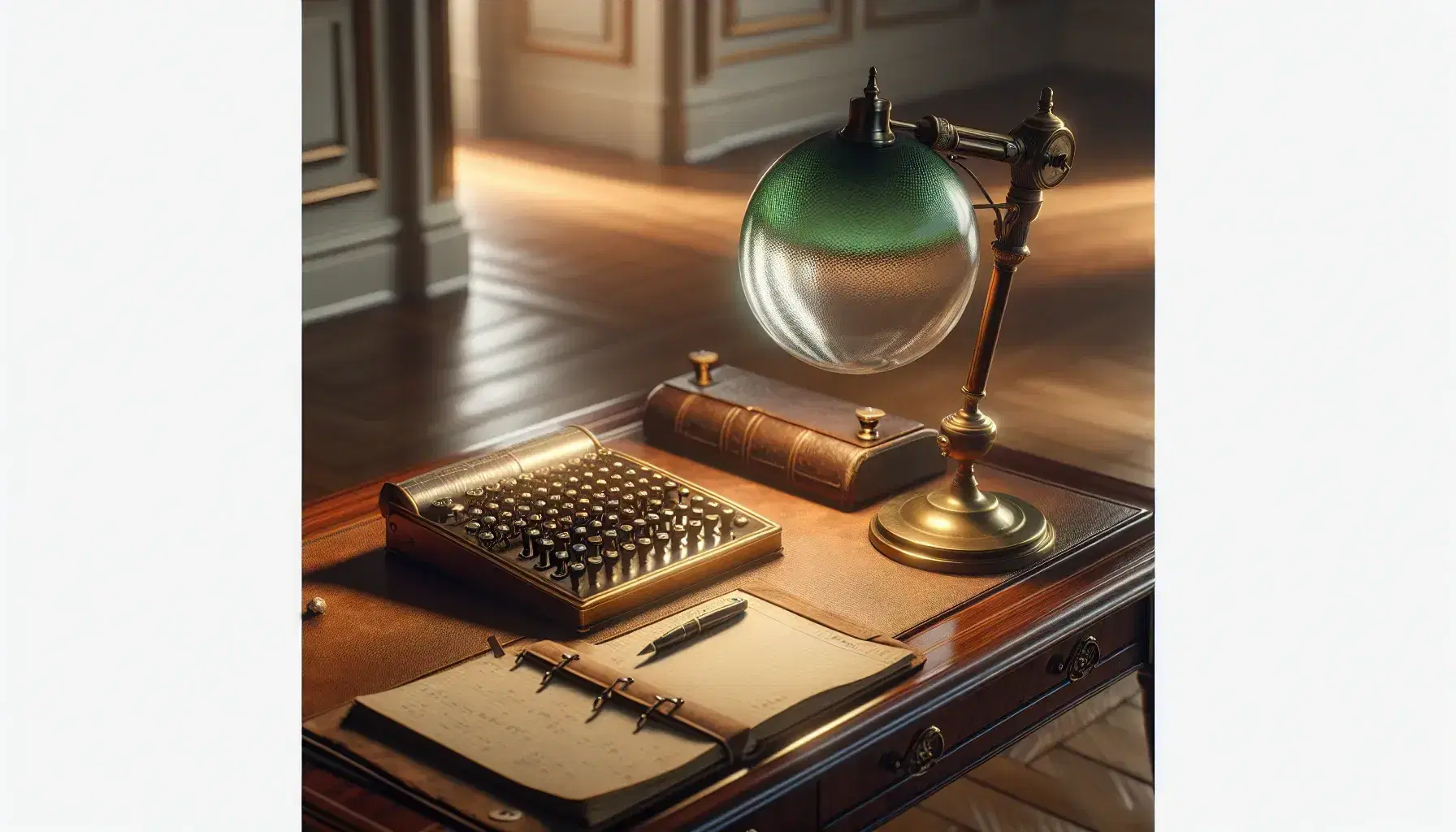 Vintage wooden desk with brass lamp and mechanical calculator, leather ledger, glass paperweight, and gold-rimmed eyeglasses on hardwood floor.
