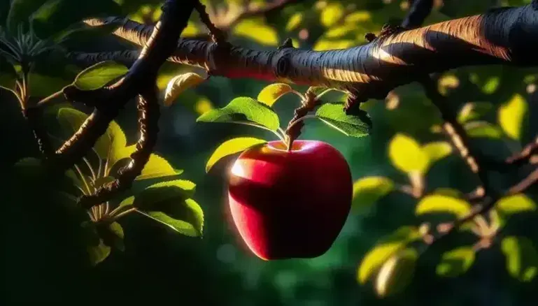 Manzana roja brillante suspendida en el aire a punto de caer de una rama con hojas verdes y fondo desenfocado de follaje.