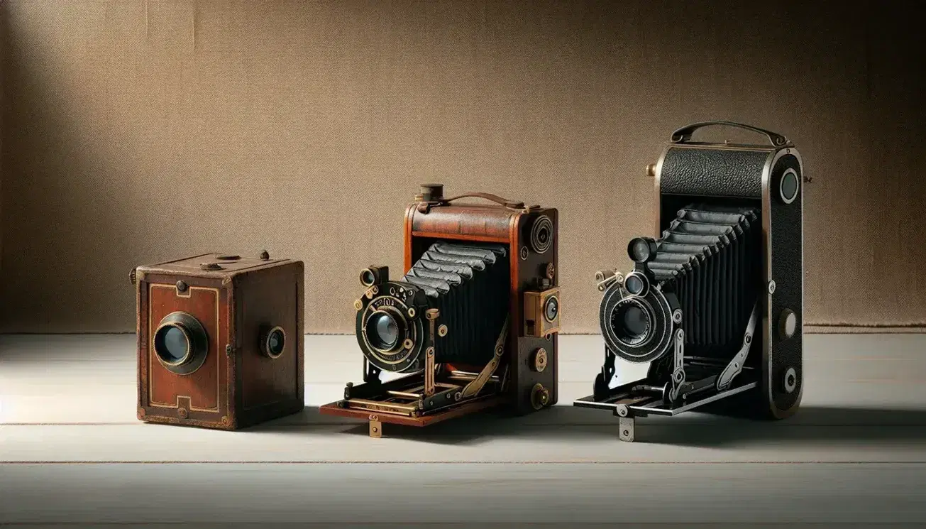 Tre macchine fotografiche antiche su sfondo neutro: a sinistra una camera oscura portatile del XIX secolo, al centro una fotocamera a soffietto in legno, a destra una reflex analogica dei primi del XX secolo.