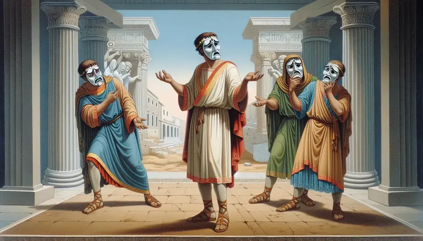 Attori con maschere teatrali in un'antica scena di commedia, tuniche colorate, sfondo di città stilizzata e spettatori ombreggiati.