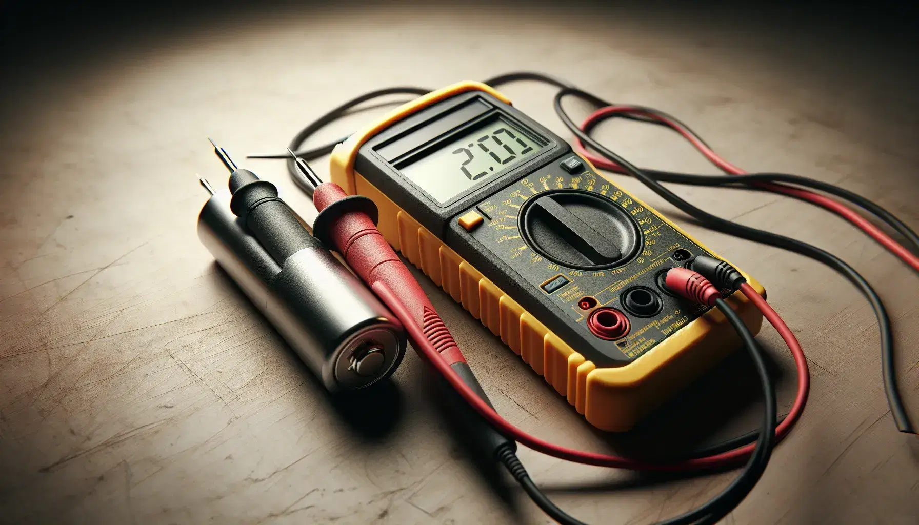 Multimeter set to voltage mode with red and black probes testing a cylindrical battery on a wooden workbench, no display visible.