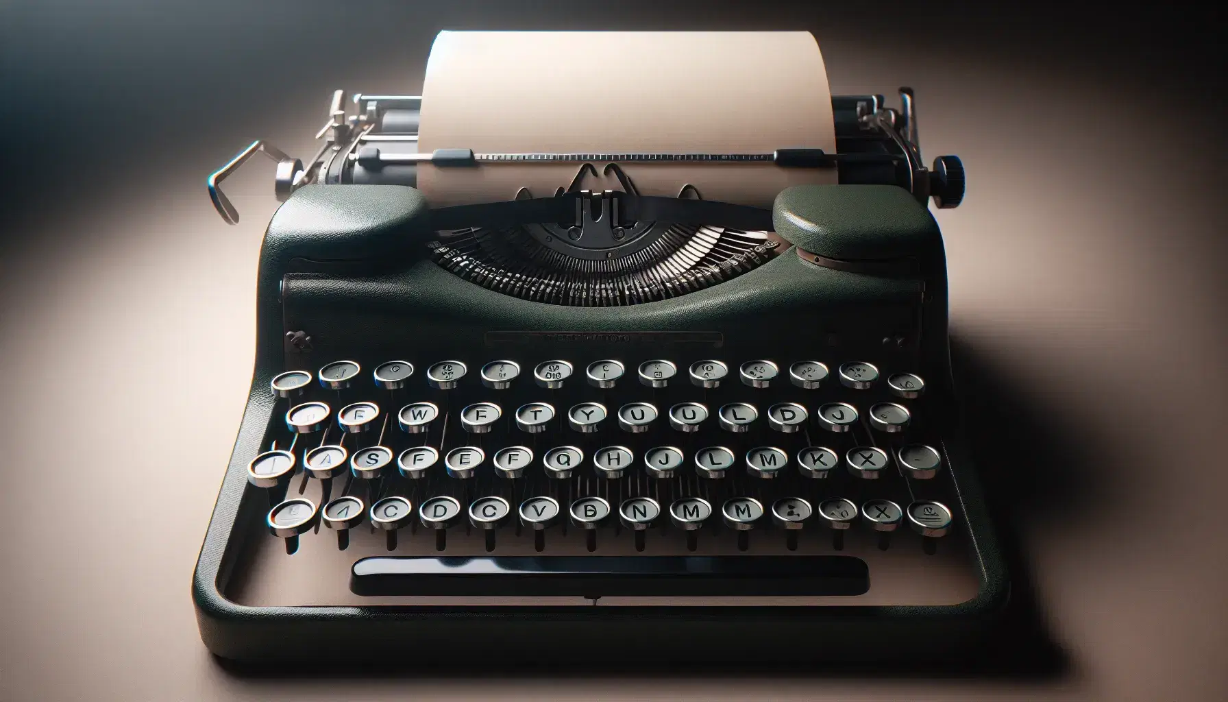 Vintage forest green typewriter with glossy black keys and blank paper inserted, set against a soft-focus neutral background.