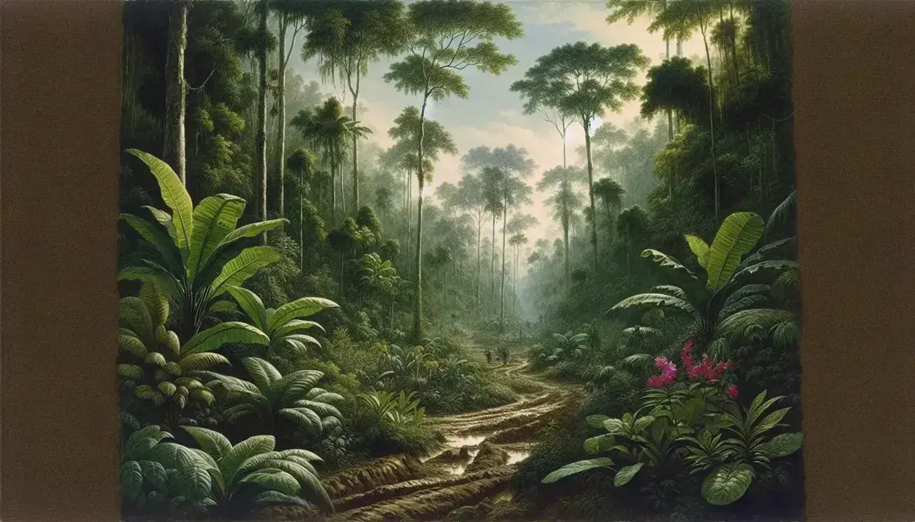 Dense Vietnamese jungle with a muddy trail, tropical foliage, orchids, and a sun-dappled canopy, evoking the Vietnam War terrain.