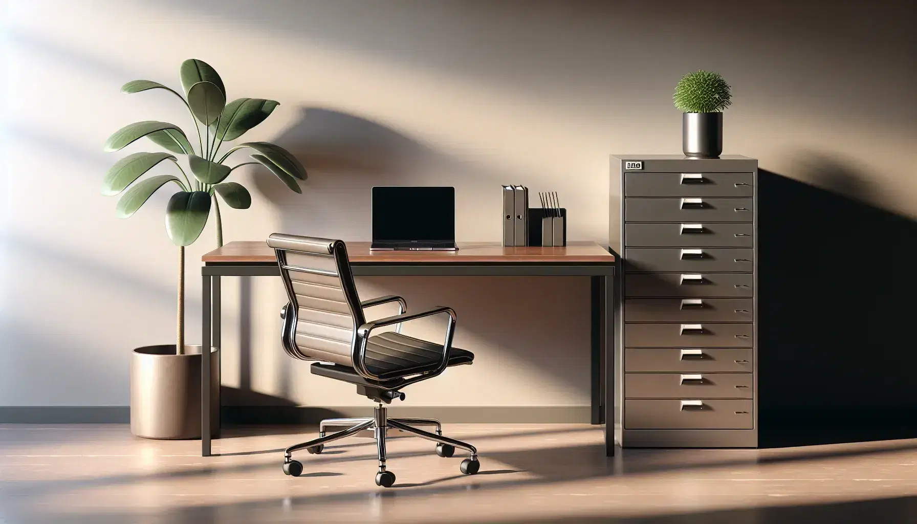 Polished wooden desk with modern laptop, ergonomic black office chair, steel filing cabinet, and potted plant in a professional office setting.